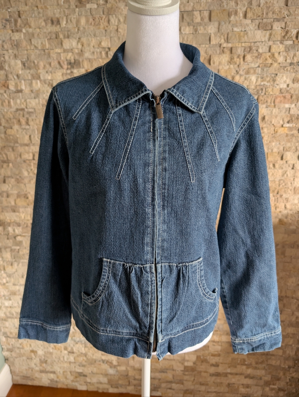 Vintage 90s Zip Up Denim Jacket Peplum Feminine Lightweight Textured Sz M